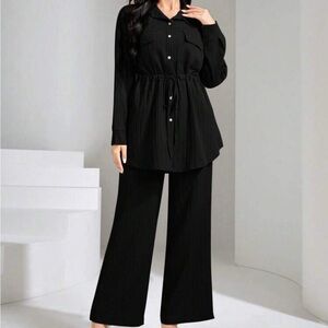 Black Button-Up 2 piece set with cinched waist